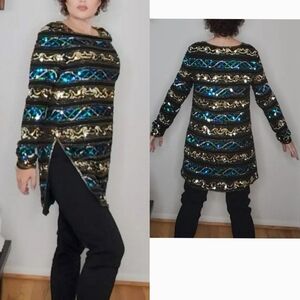 Papell Boutique Evening Vintage Black Silk Tunic Sequins Green Blue Gold